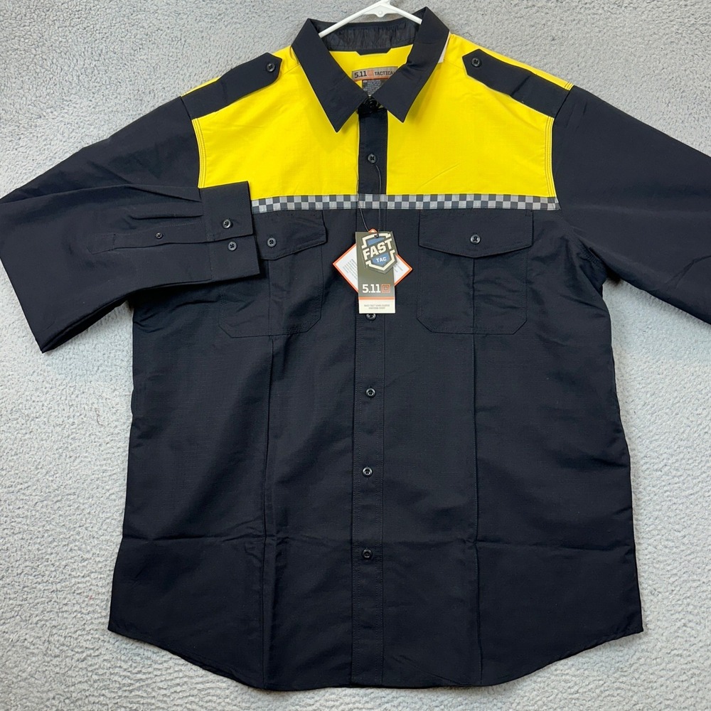NEW 5.11 Tactical Shirt Mens 2XL Fast-Tac Navy Blue Yellow Uniform LS Button Up